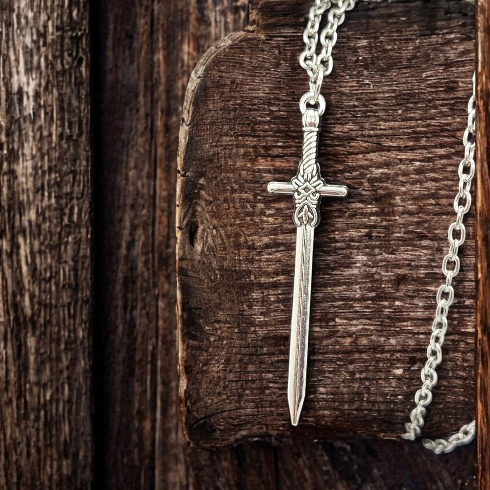 Gothic Sword Cross Pendant Necklace Medieval Dagger Silver Chain 18" Dark Edgy